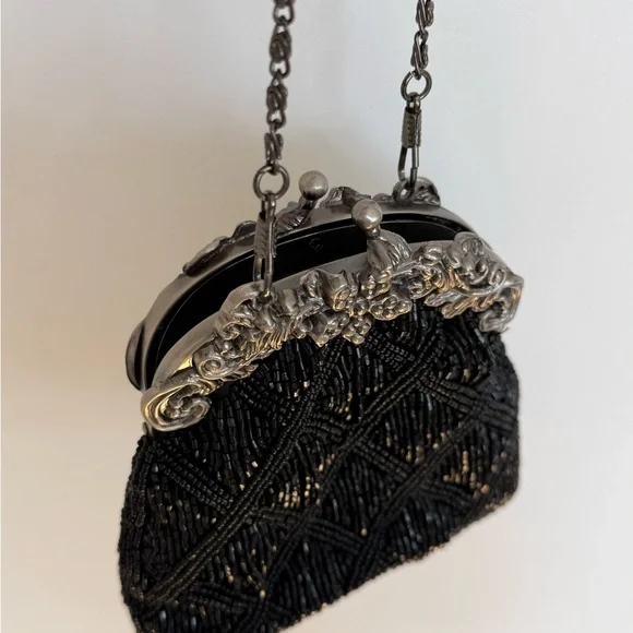 Vintage Black Beaded Evening Bag Ornate Silver Tone Frame Kiss Lock Clutch - Picture 5 of 8